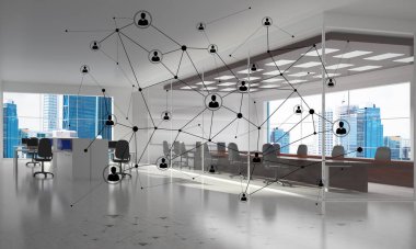 Noktalarla bağlantılı çizgiler ofis içi sosyal iletişim konsepti olarak. 3B görüntüleme