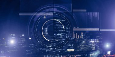 Gece parlayan şehre karşı sanal arayüzü olan arkaplan kavramsal görüntüsü