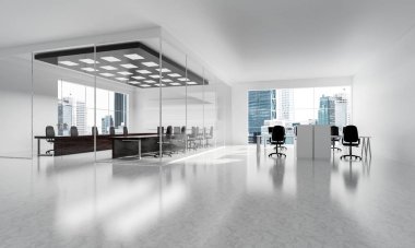 Pencereleri ve işyerleri olan modern, boş, zarif bir ofis. Karışık ortam