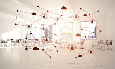 Noktalarla bağlantılı çizgiler ofis içi sosyal iletişim konsepti olarak. 3B görüntüleme