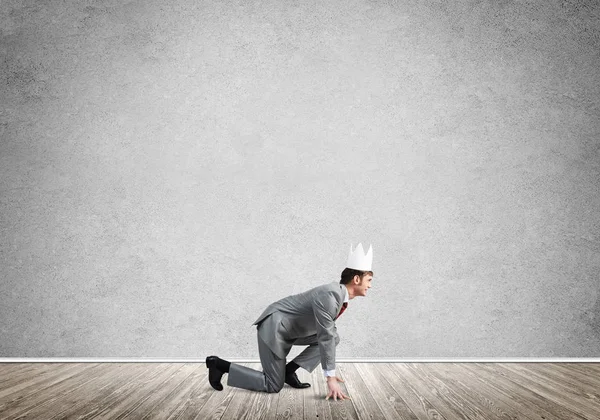 Young Handsome Businessman Wearing White Paper Crown Running Hurry — Stock Photo, Image