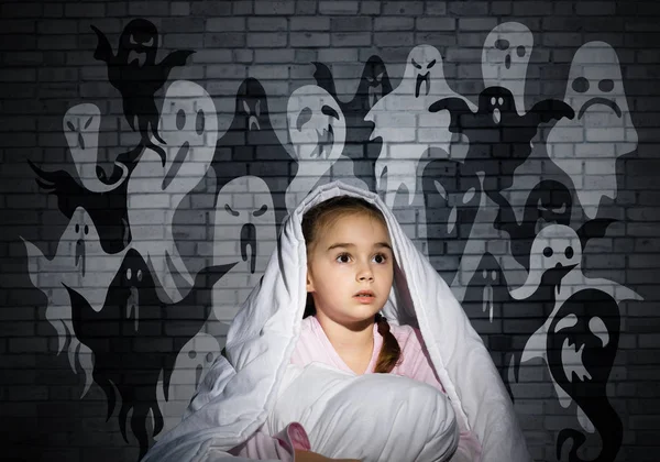 Scared Girl Pillow Hiding Blanket Startled Kid Sitting His Bed — Stock Photo, Image