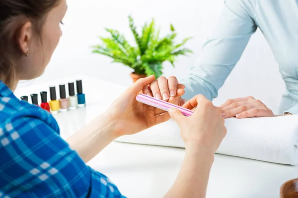 Manicurist Using Nail File Create Perfect Nails Shape Beautician Preparing — 스톡 사진