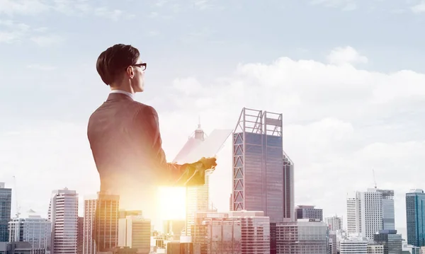 Double Exposure Elegant Businessman Papers Hands Looking Away — Stock Photo, Image