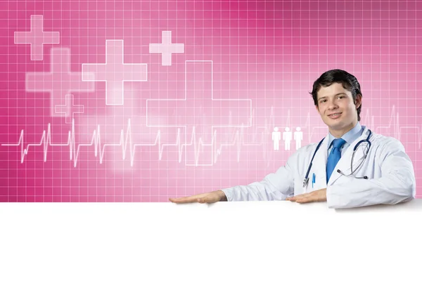 Young Handsome Doctor Holding White Blank Banner Place Your Text — Stock Photo, Image