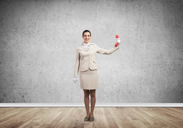 Woman Keep Distance Vintage Red Phone Call Center Operator White — Stock Photo, Image