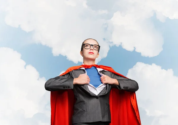 Retrato Mulher Negócios Super Heroína Atraente Jovem Empresária Terno Com — Fotografia de Stock