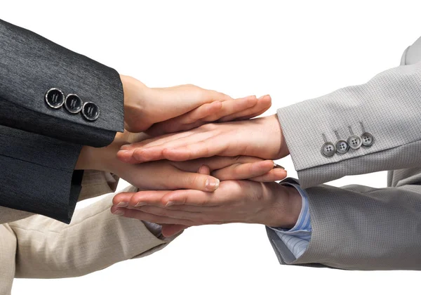 Close Businesspeople Putting Hands Together White Background — Stock Photo, Image