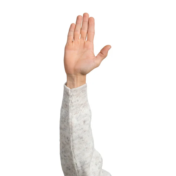 Man Hand White Sweater Showing Open Palm Gesture Participation Voting — 스톡 사진