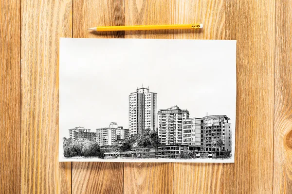 Moderní Megapoliská Kresba Tužkou Městská Architektura Vysokými Mrakodrapy Kreslit Dřevěném — Stock fotografie
