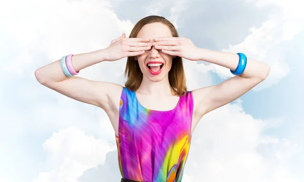 Redhead Beautiful Woman Hands Covering Eyes Elegant Lady Wears Bright — Stock Photo, Image