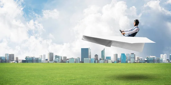 Happy Aviator Driving Paper Plane Modern Business Center High Skyscrapers — Stock Photo, Image