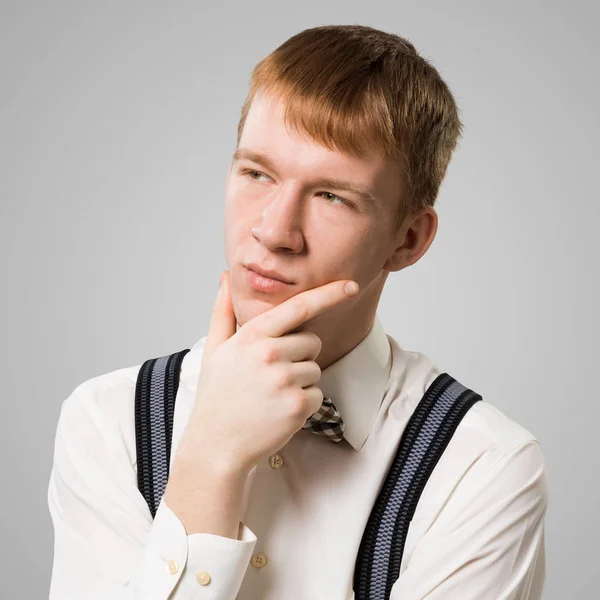 Redhead Student Looks Pensively Upwards Tries Remember Something Puzzled Boy — Stock Photo, Image