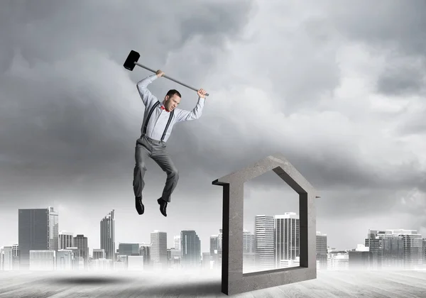 Determined Businessman Going Break Hammer House Concrete Figure — Stock Photo, Image