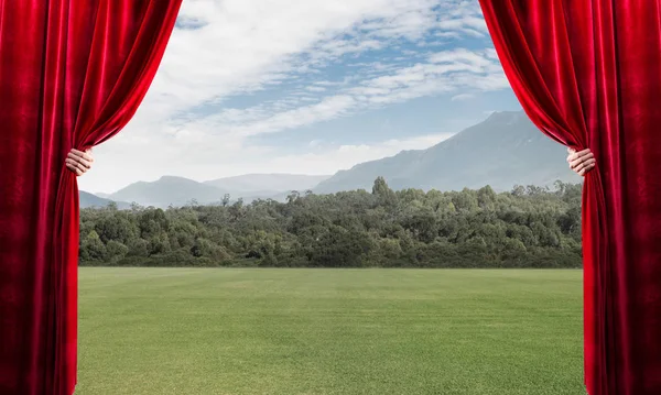 Human Hand Opens Red Velvet Curtain Landscape Road — Stock Photo, Image