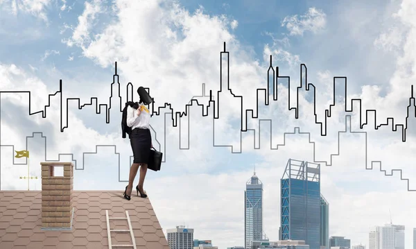 Faceless Businesswoman Camera Zoom Instead Head Standing House Roof — Stock Photo, Image