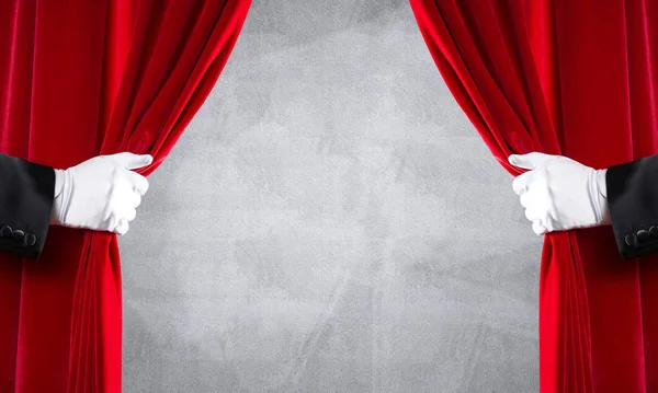 Close Two Hands White Glove Open Red Velvet Curtain — Stock Photo, Image