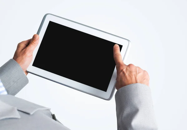 Close Businessperson Using Digital Tablet Blank Display — Stock Photo, Image