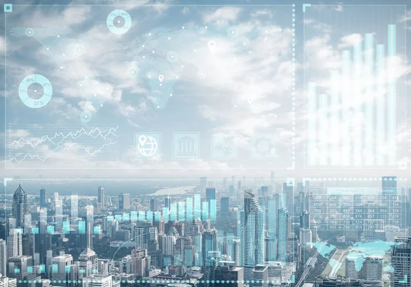 以现代城市景观为背景的股票市场数据 网上交易平台的虚拟接口 数字经济指标 复杂的金融分析和统计 数据分析服务 — 图库照片