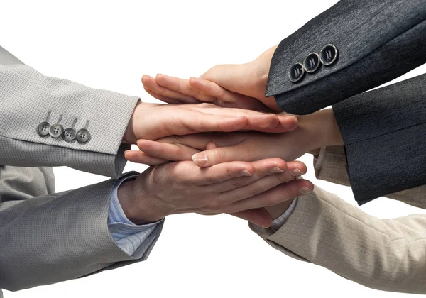 Close Empresários Colocando Mãos Juntas Contra Fundo Branco — Fotografia de Stock