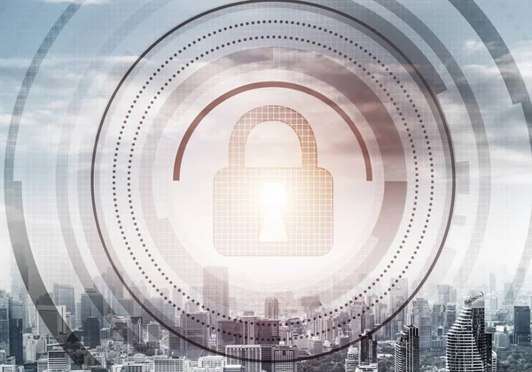 グローバルサイバーセキュリティは 背景に仮想ロックパドックとメディアを混在させました データ暗号とインターネットサーフィン保護 サイバー攻撃からの個人データとプライバシーの保護 — ストック写真