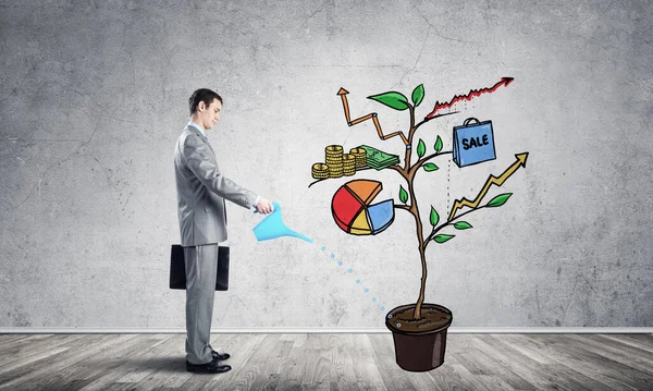 Businessman Watering Drawing Tree Consisted Infographic Symbols Planning Strategy Growth — Stock Photo, Image