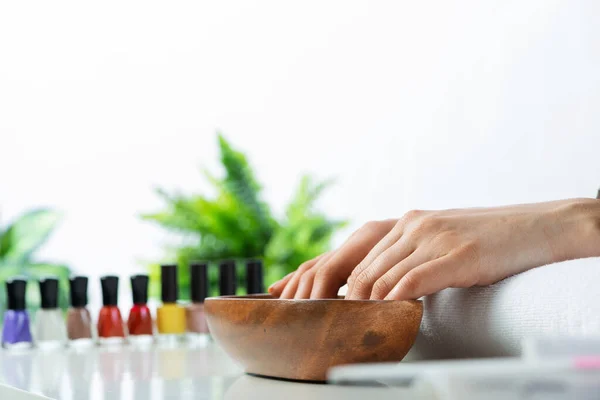 Closeup Female Hands Wooden Bowl Water Spa Procedure Relaxation Female — Stock Photo, Image