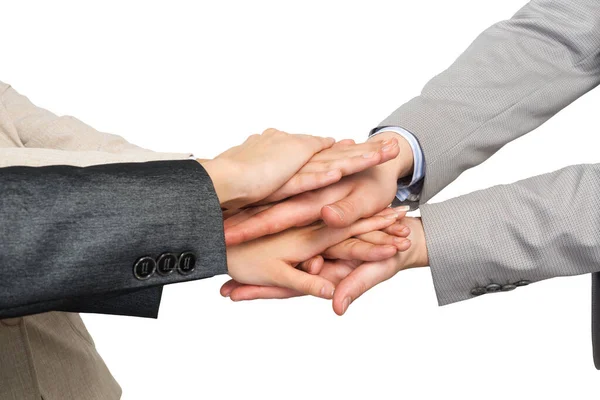 Close Empresários Colocando Mãos Juntas Contra Fundo Branco — Fotografia de Stock