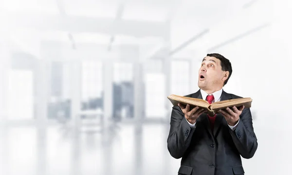 Surprised Businessman Holding Open Book Looking Startled Adult Man Business — Stock Photo, Image