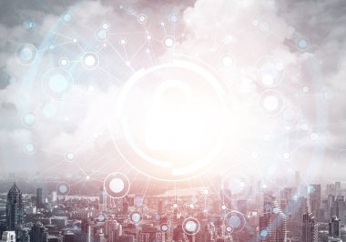 Küresel siber güvenlik, şehrin arka planına kilitlenmiş sanal bir asma kilit ile karışık medya. Veri kriptografisi ve internet sörf koruması. Kişisel verileri ve mahremiyeti siber saldırıdan korumak..