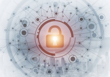 Kriptografi ve şifreleme algoritması kavramı. Risk yönetimi ve profesyonel güvenlik. Şehrin siluetinin arka planında sanal asma kilit hologramı. İş dünyası için yenilikçi güvenlik çözümü.