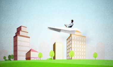 Kağıt tanuçakla uçan uçak pilotu. Havacı şehir illüstrasyon arka planda kağıt uçak sürüş. Yüksek gökdelenler, yeşil çimenler ve ağaçlar ile Karikatür cityscape. Karma medya kavramı
