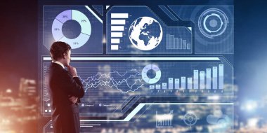 Sanal panelle çalışan iş adamlarının arka planı ve arka planda gece kenti