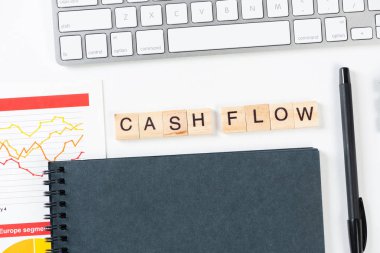 Tahta küplerdeki harflerle nakit akışı konsepti. Malzemelerle dolu ofis hayatı. Düz beyaz yüzey, bilgisayar klavyesi ve not defteri ile yatıyordu. Bütçe planlaması, denetim ve muhasebe