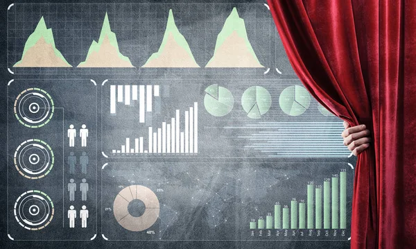Abriendo Mano Cortina Roja Dibujando Gráficos Negocios Diagramas Detrás Ella — Foto de Stock