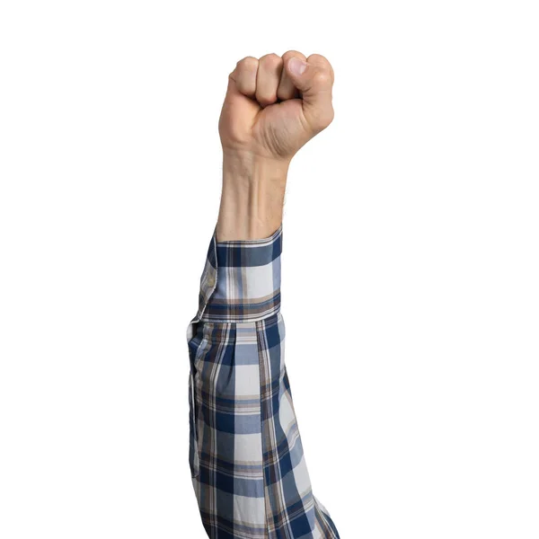 Мужская Рука Голубой Клетчатой Рубашке Сжатым Кулаком Победа Знак Протеста — стоковое фото