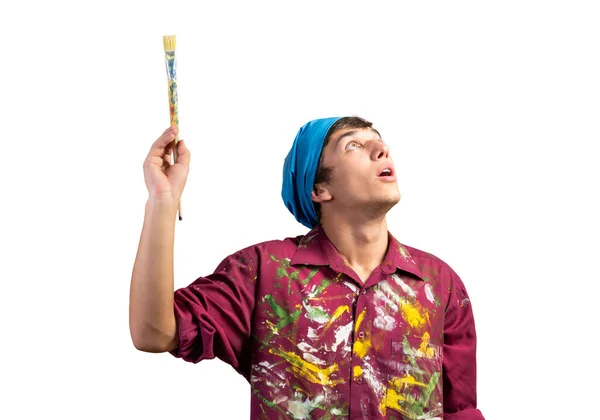 Smiling Young Painter Artist Holding Paintbrush Portrait Happy Decorator Looking — Stock Photo, Image