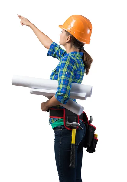 Young Civil Engineer Hard Hat Holding Paper Blueprints Woman Architect — Stock Photo, Image