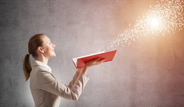 Woman Looking Flying Out Random Letters Opened Book Teaching Education — Stock Photo, Image