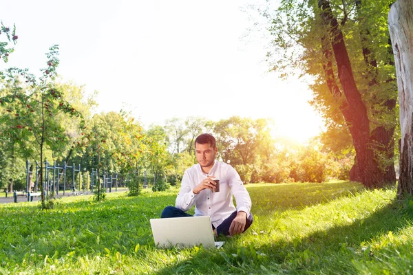 Ung Affärsman Använder Bärbar Dator Grönt Gräs Parken Snygg Man — Stockfoto