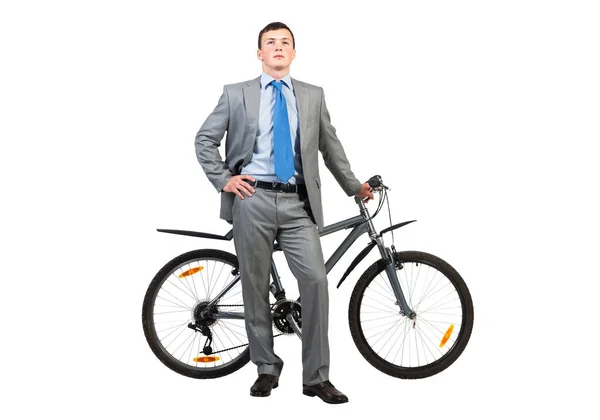 Młody Człowiek Szarym Garniturze Krawacie Stojący Przy Rowerze Wesoły Biznesmen — Zdjęcie stockowe