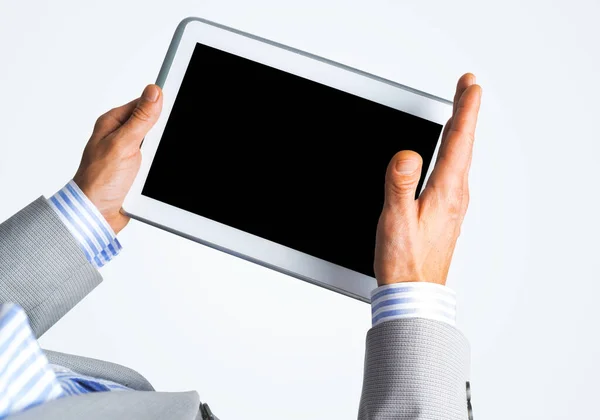 Close Businessperson Using Digital Tablet Blank Display — Stock Photo, Image