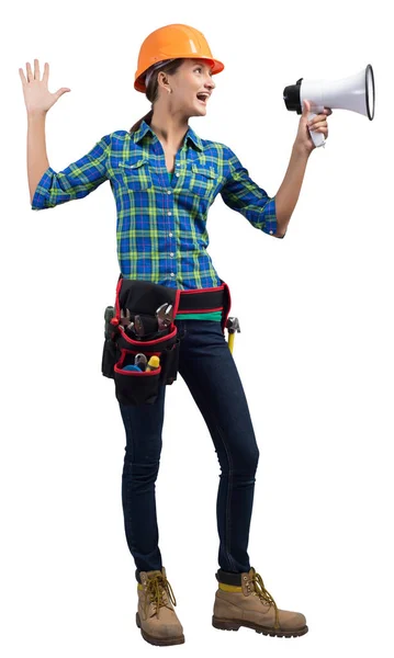 Expressive Woman Safety Helmet Shouting Megaphone Young Emotional Construction Worker — Stock Photo, Image