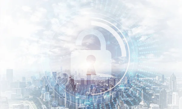 Global Cybersecurity Mixed Media Mit Virtuellem Schloss Auf Stadtbild Hintergrund — Stockfoto