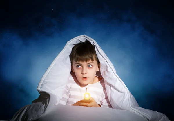 Surprised Child Flashlight Hiding Blanket Amazed Kid Lying Bed Home — Stock Photo, Image