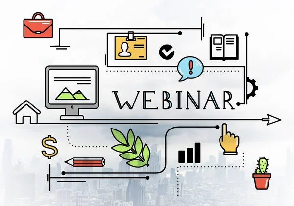 Internet webinar linear sketch on background of modern cityscape. E-learning and business training concept. Mind map webcast of educational content. Commercial marketing and business presentation.