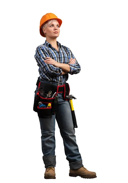 Attractive Female Construction Workers Hardhat Standing Folded Arms Joven Especialista —  Fotos de Stock