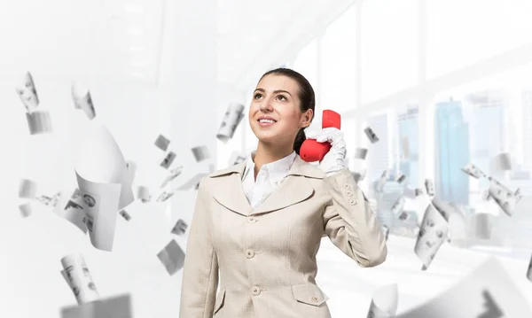 Smiling Young Woman Holding Retro Red Phone Office Flying Paper — Stock Photo, Image