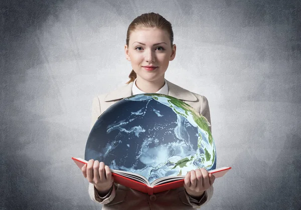 Woman Showing Earth Globe Open Book Global Ecology Concept Elegant — Stock Photo, Image