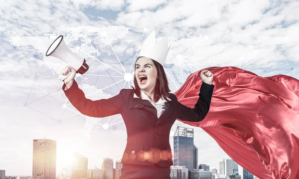 Young Confident Businesswoman Wearing Red Cape Modern City Background Screaming — Stock Photo, Image